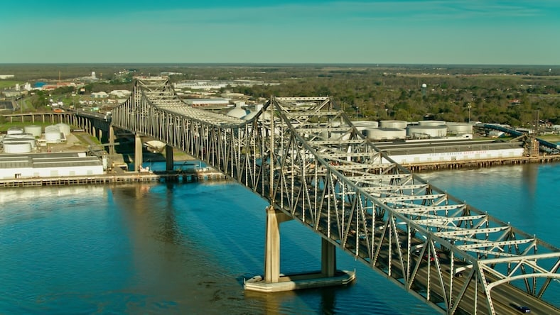 An aerial view shows the Horace Wilkinson Bridge and the Mississippi River in Baton Rouge, Louisiana.