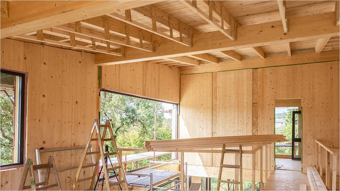 The interior of a mass timber building under construction.