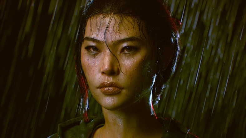 A realistic rendering of a young woman video game character standing in the rain