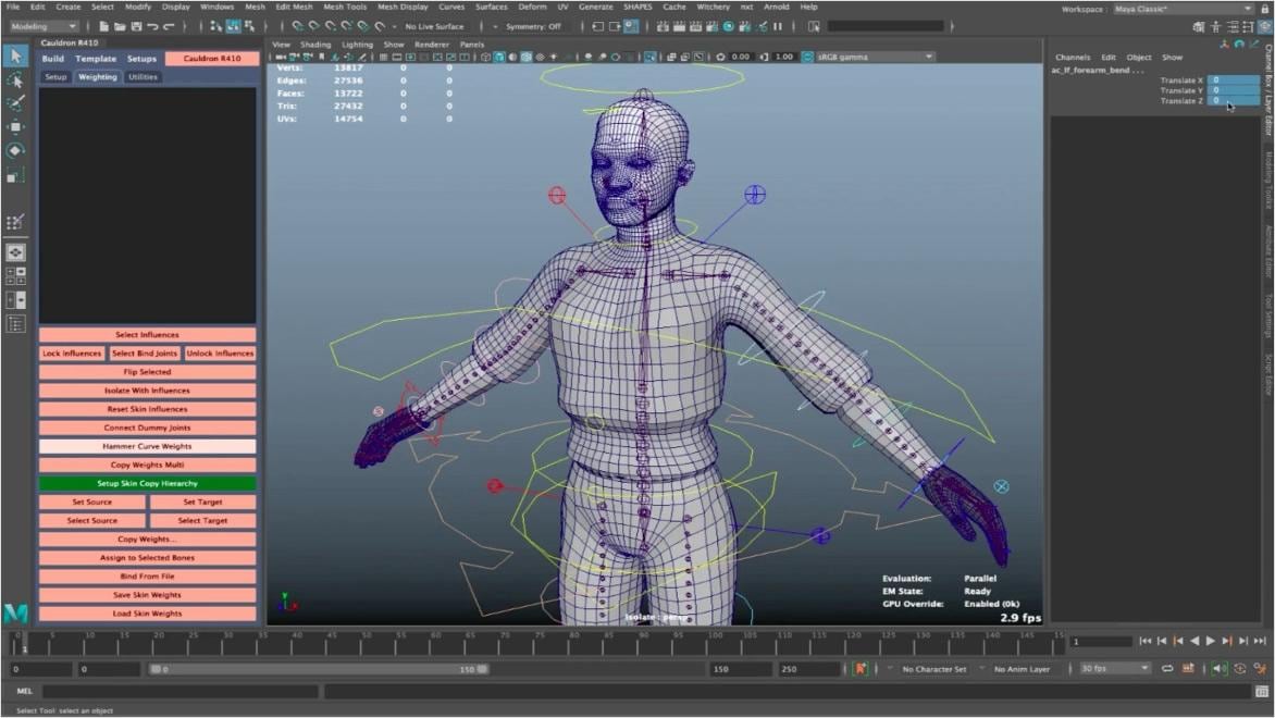  Screen capture of 3D animation rigging in character design software.