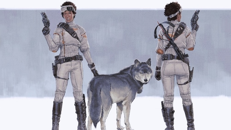 Concept art of a character wearing tactical snow gear and her wolf companion.