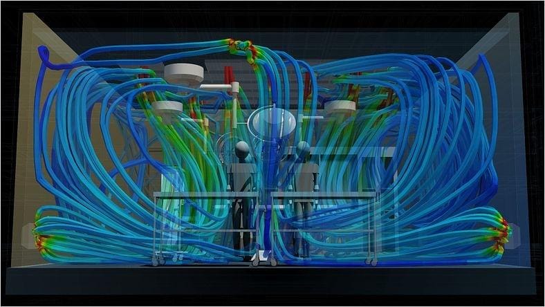Rendering of MEP systems for a building with simulation lines.