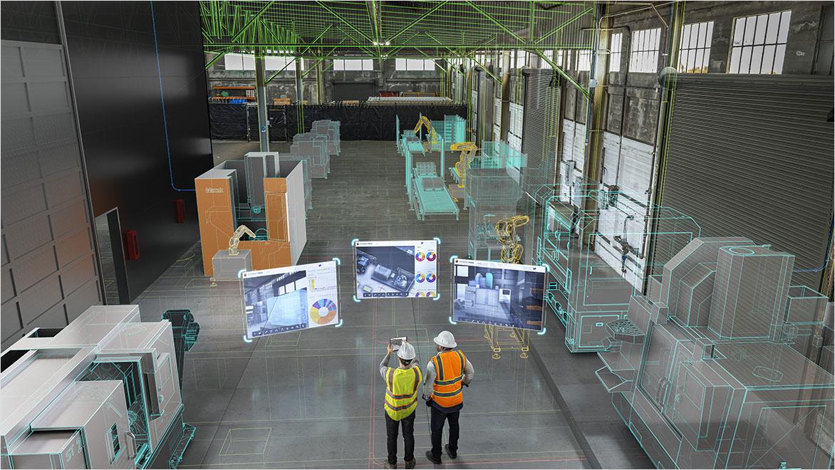 Two workers in safety gear examine augmented reality displays in a factory filled with machinery and holographic overlays.