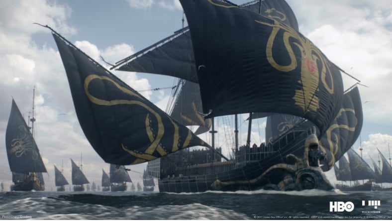 A digital rendering of a massive fleet of ships from Game of Thrones Season 7. Image courtesy of HBO.