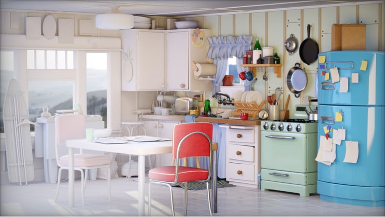 A Pixar digital rendering of a retro-styled kitchen.
