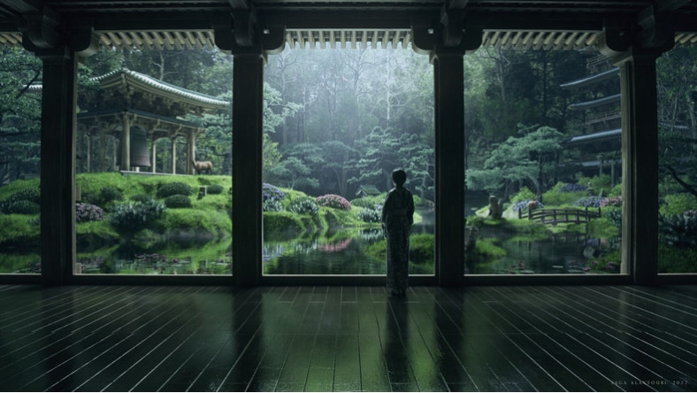 Digital rendering of a person looking from an enclosed room with columns to a Japanese-style garden. Image courtesy of Saga Alayyoubi.