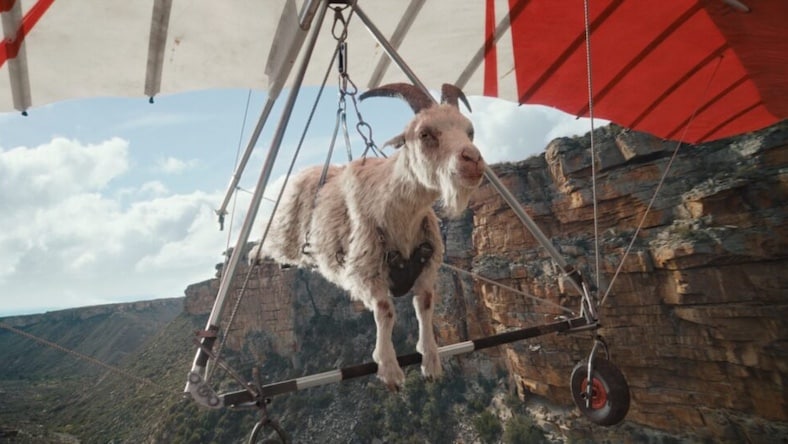 VFX compositing Untold Studios still from commercial goat hang-gliding