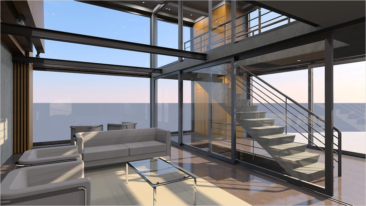 A rendering of a modern living room interior shows interior space planning with stairs and large windows.