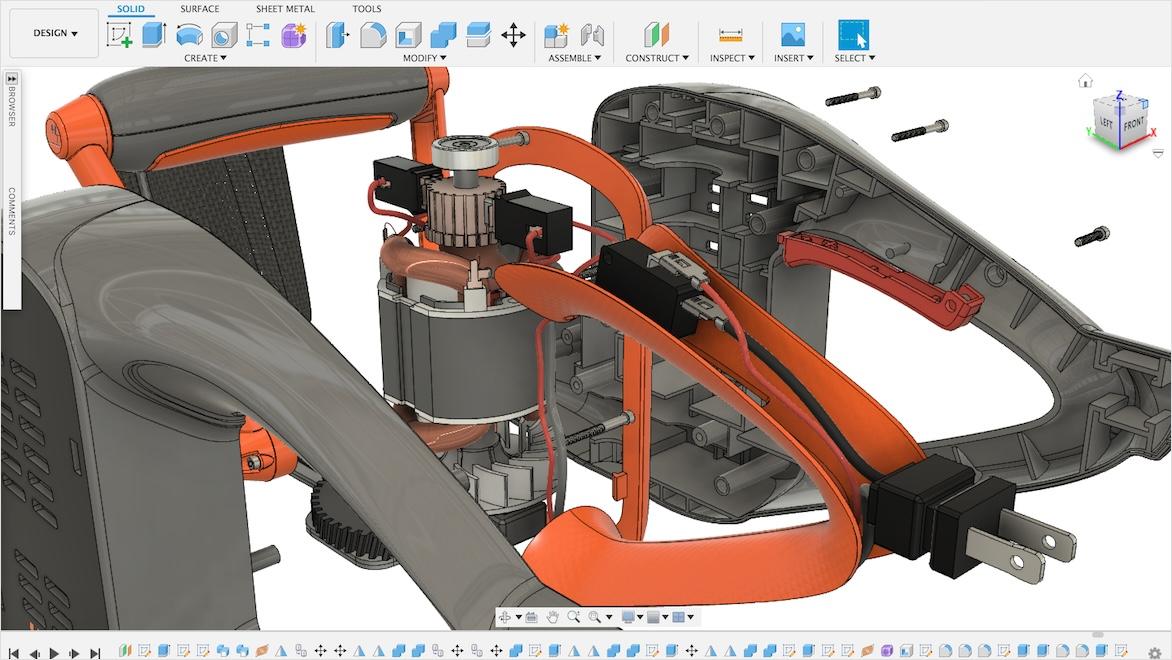 A screen capture from Autodesk Fusion software shows an exploded view of the interior of a hedge trimmer.