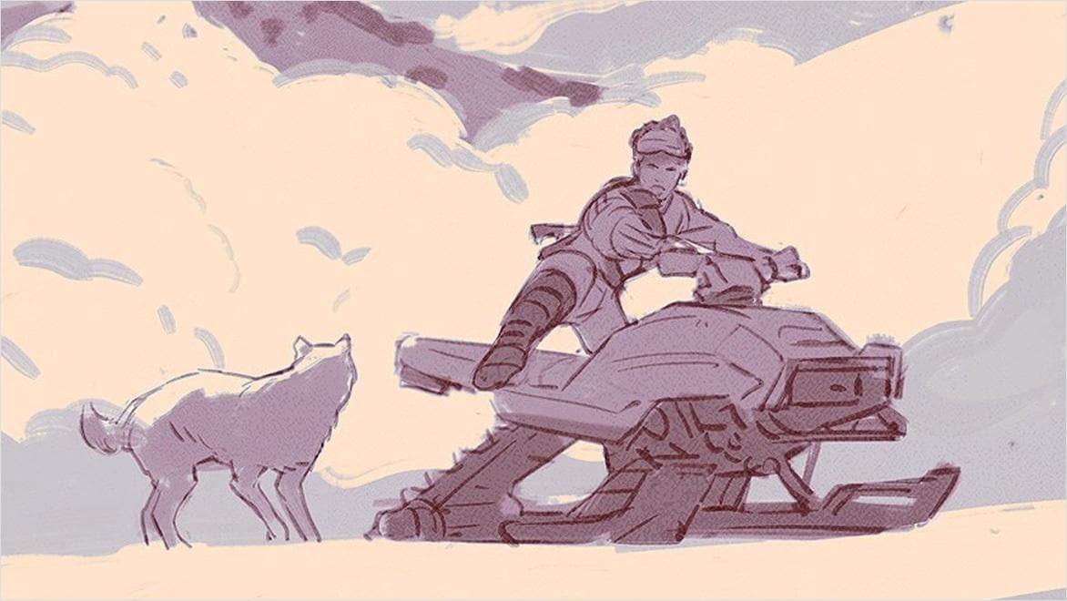 An illustration depicts a snowmobiler and a dog in muted tones.
