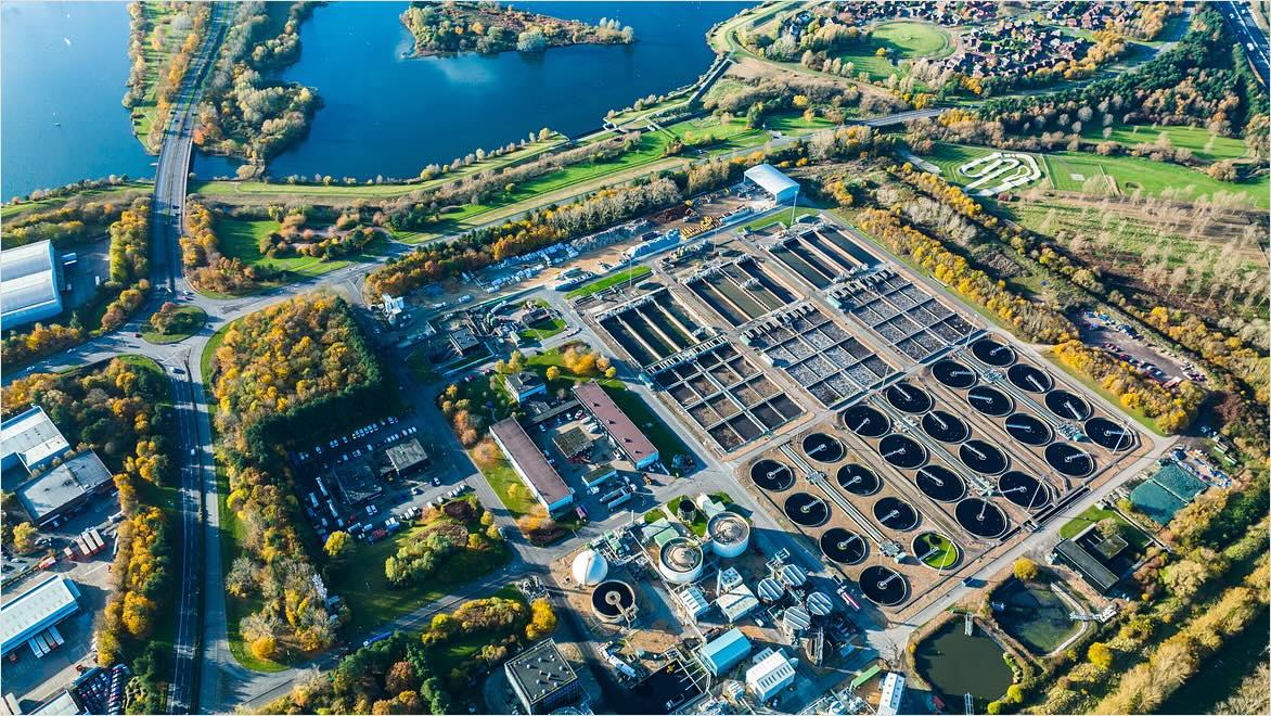 A drone provides an aerial view of a wastewater treatment plant.