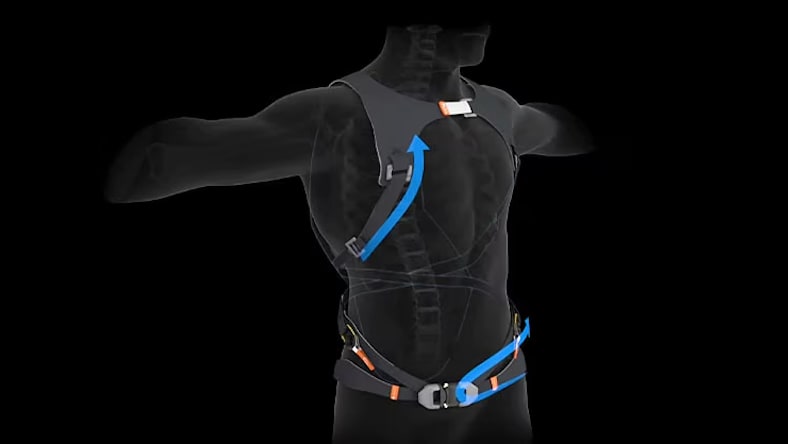 3D rendering of a human torso wearing a vest designed to protect against rotational impact spinal injuries.