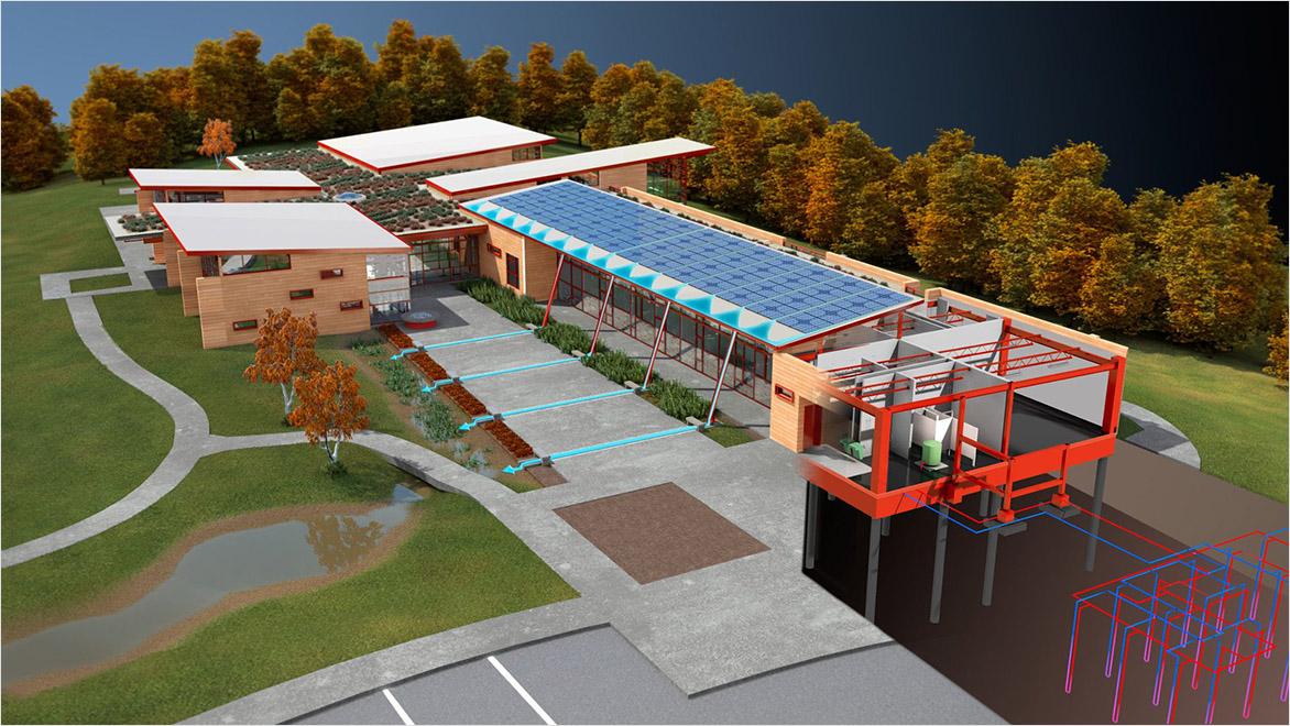 Rendering of a building using green construction techniques.