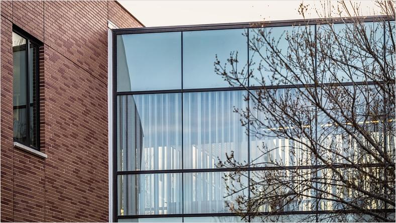 Energy-efficient windows installed in a college building.