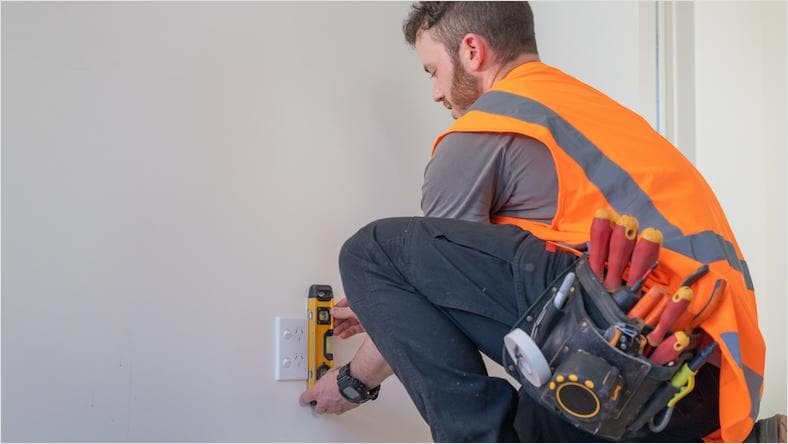 An electrician installing an energy-efficient electrical socket.
