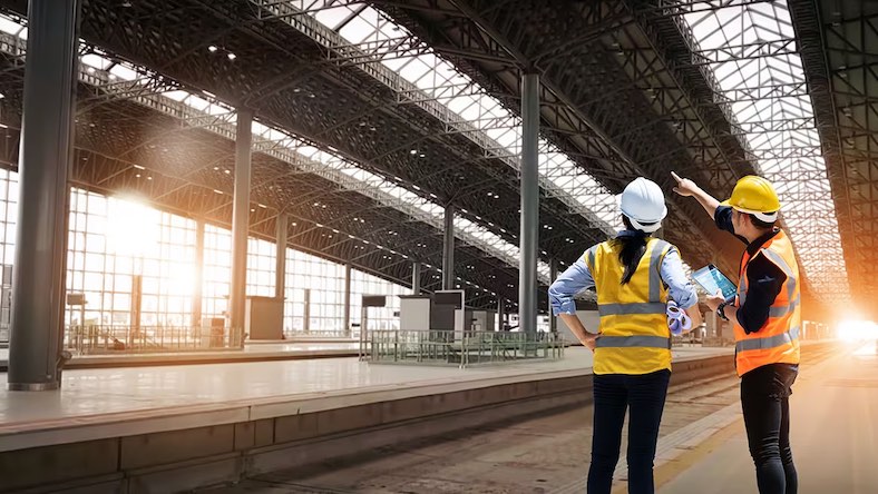 Architecture project management engineers viewing partially built infrastructure
