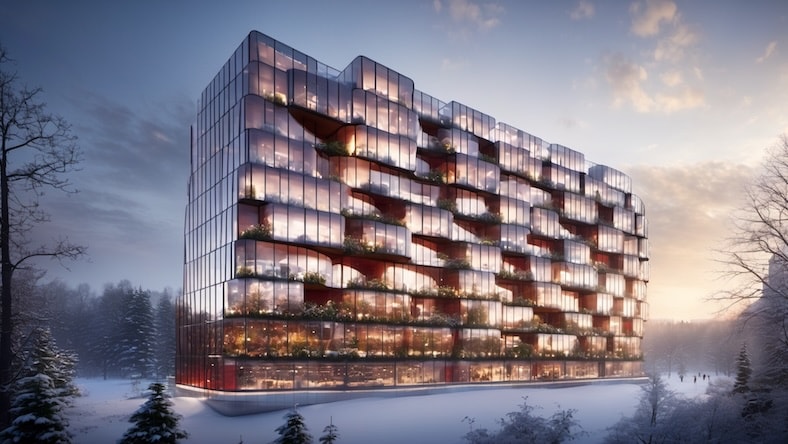 Rendering of a modern, glass office building in a snowy landscape