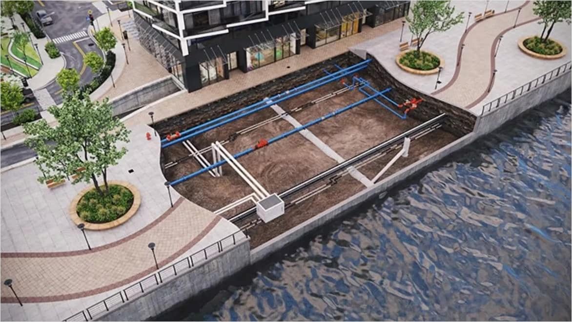 A digital model shows layers of underground water systems in an urban environment.