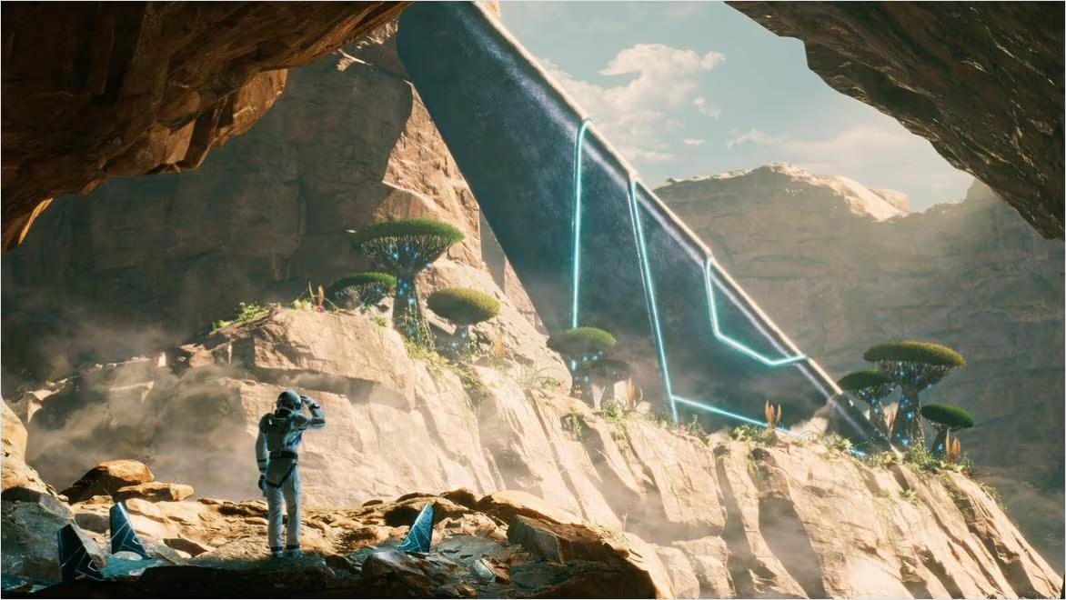 An astronaut in a white suit views a civilization from a crash site in a 3D rendering.