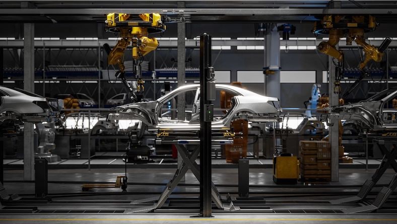 Rendering of a car on robotic welding line.