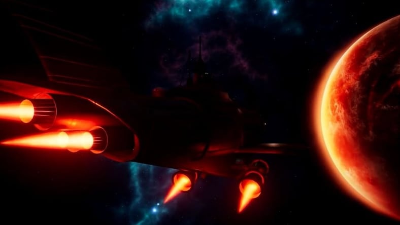 A still from a Gamitronics game shows a spaceship’s engines glowing red as it heads toward a red planet.