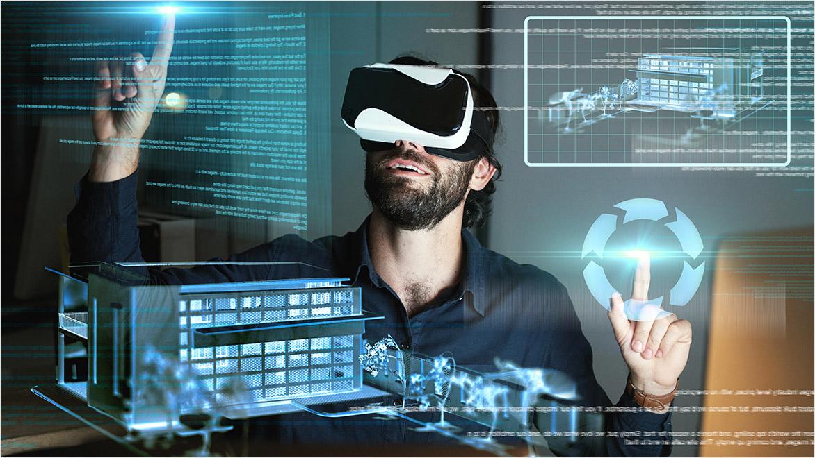 An architect is surrounded by superimposed screens demonstrating futuristic technologies.