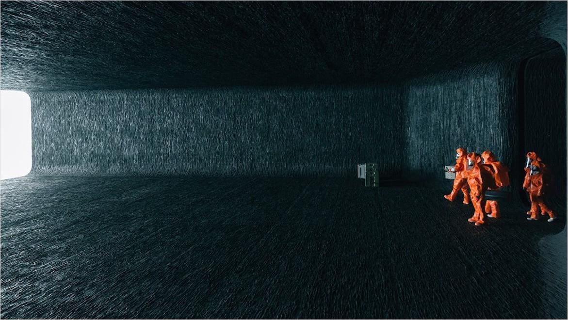 Compositing software large scale projects scene of people in orange haz-mat suits from Arrival