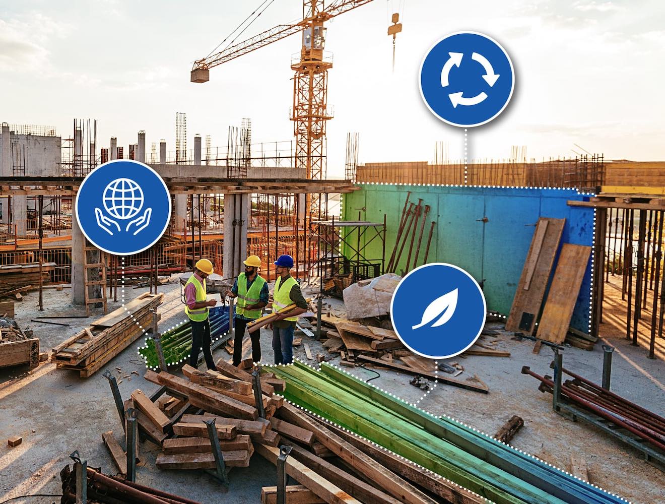 Construction workers confer on a building site with overlays indicating sustainable materials.