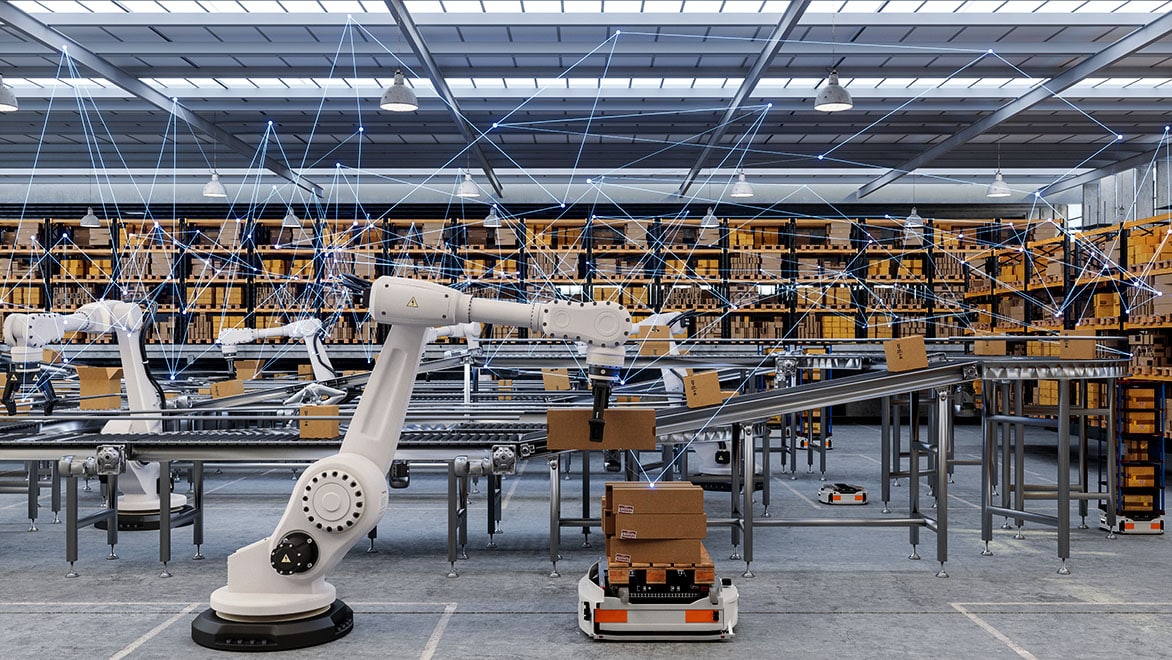 An automated factory displays robots and sensors.