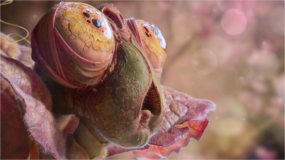 A close-up 3D rendering of a creature with bulging eyes.