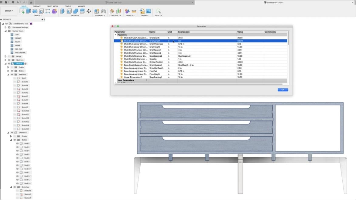 A screen from Autodesk Fusion shows a drawing of a sideboard and a dialog window for setting parametric features.