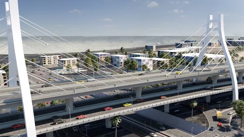 A rendering of a two-level elevated expressway.