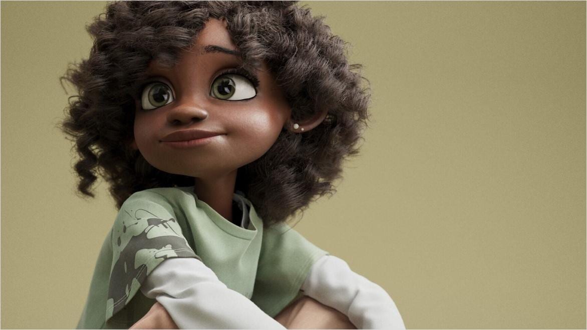 A still of an animated teenager with modern hair and clothes.