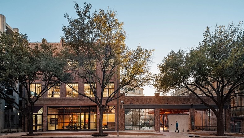 Exterior view of Lake|Flato’s adaptive reuse headquarters