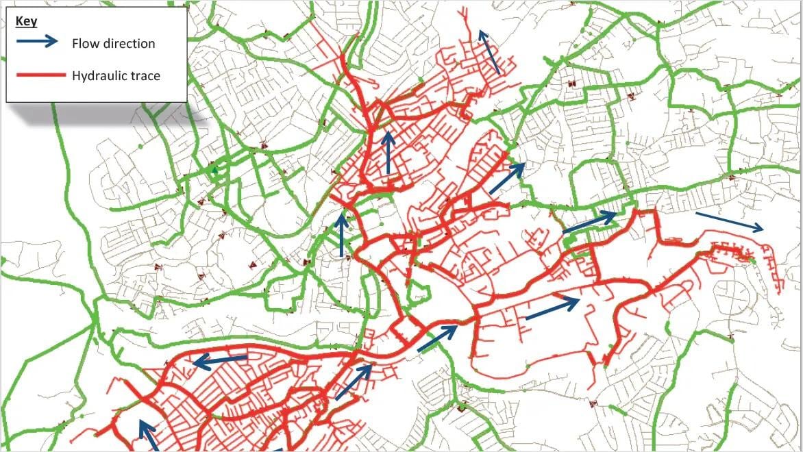 A digital rendering superimposes municipal water flow over a map.