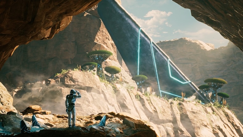 3D rendering of an astronaut standing in an alien landscape.