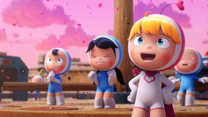 A still from the animated film Yumi’s Cells shows happy characters among falling flower petals against a pink sky.