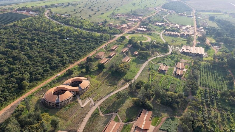 An aerial view shows the RICA sustainable university campus in Rwanda.