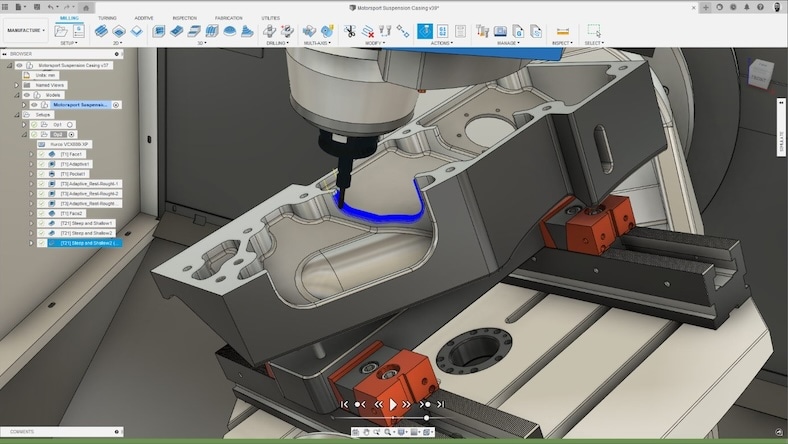 A screen in Fusion shows 5-axis machining of a part.