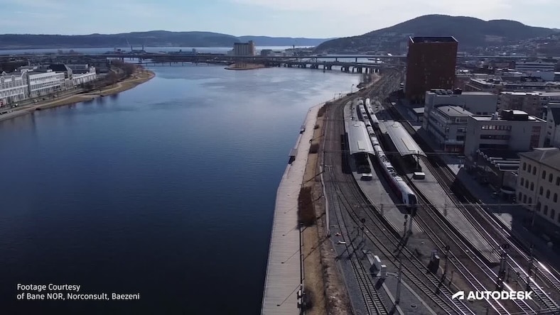 A still from a video shows a rail project next to a river and introduces Norconsult’s success for using BIM.