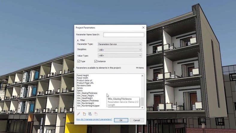 Screenshot of a building project with the project parameters open.