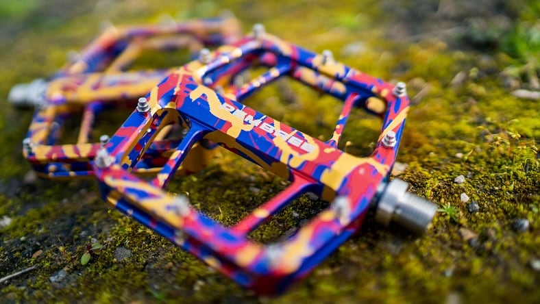 Close-up of colorful Pembree bike pedals.