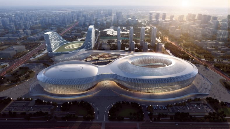 An image shows an aerial view of Phoenix Mountain Sports Park in Chengdu.