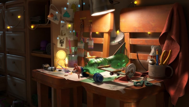 A 3D rendering of two wooden chairs with art supplies and craft projects demonstrates physically based shading.