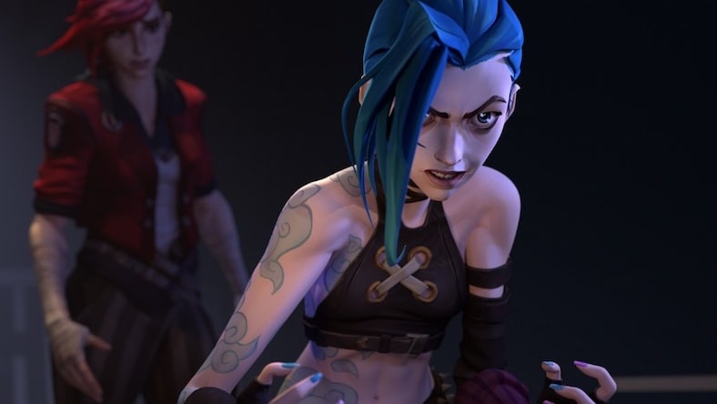 Deux personnages animés de la série Netflix Arcane : League of Legends dans une image tirée du film réalisé pour l’ouverture des Worlds 2021 de Riot Games.