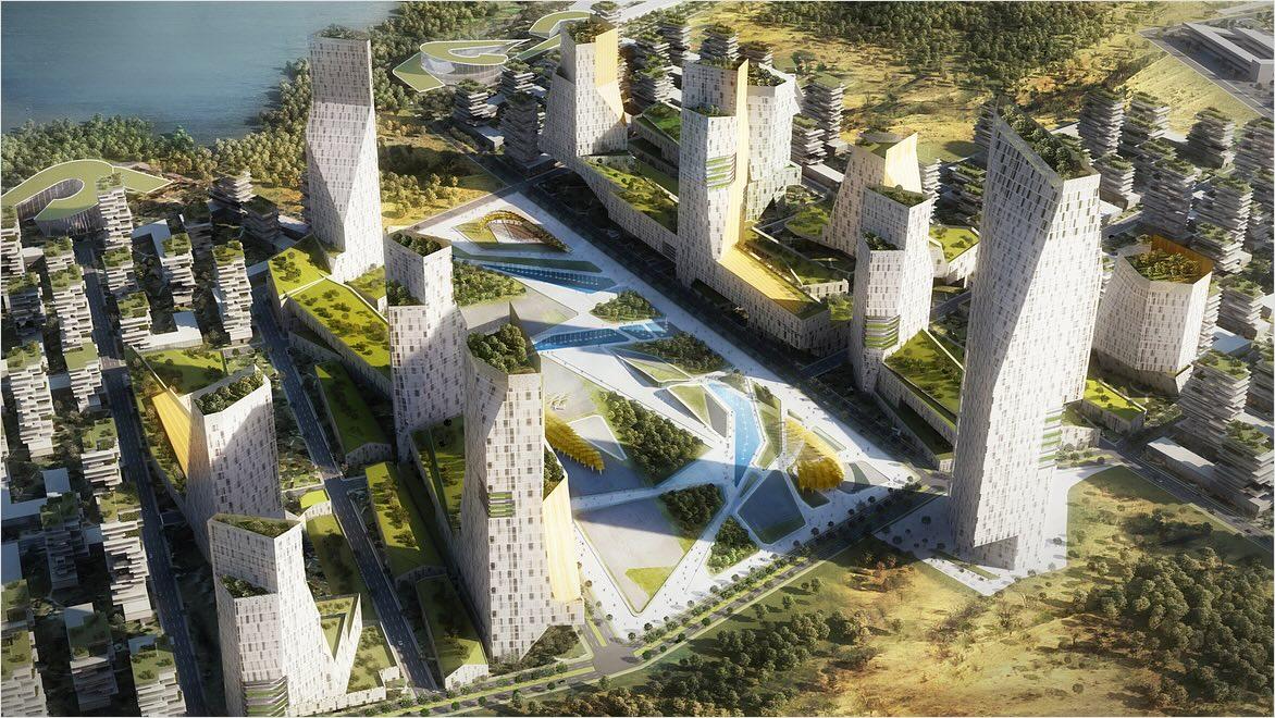 A rendering shows several tall white buildings surrounded by green areas next to water.