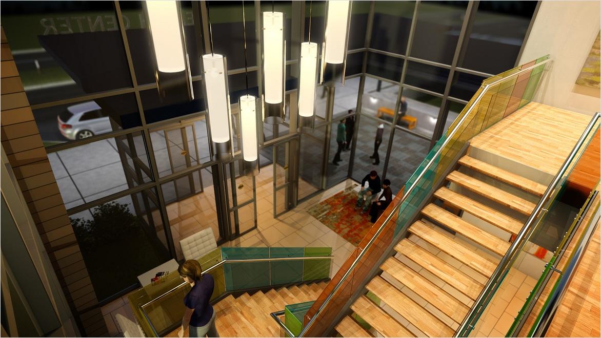 Rendering of the interior of a proposed health care center designed in Revit and rendered using 3ds Max Design.