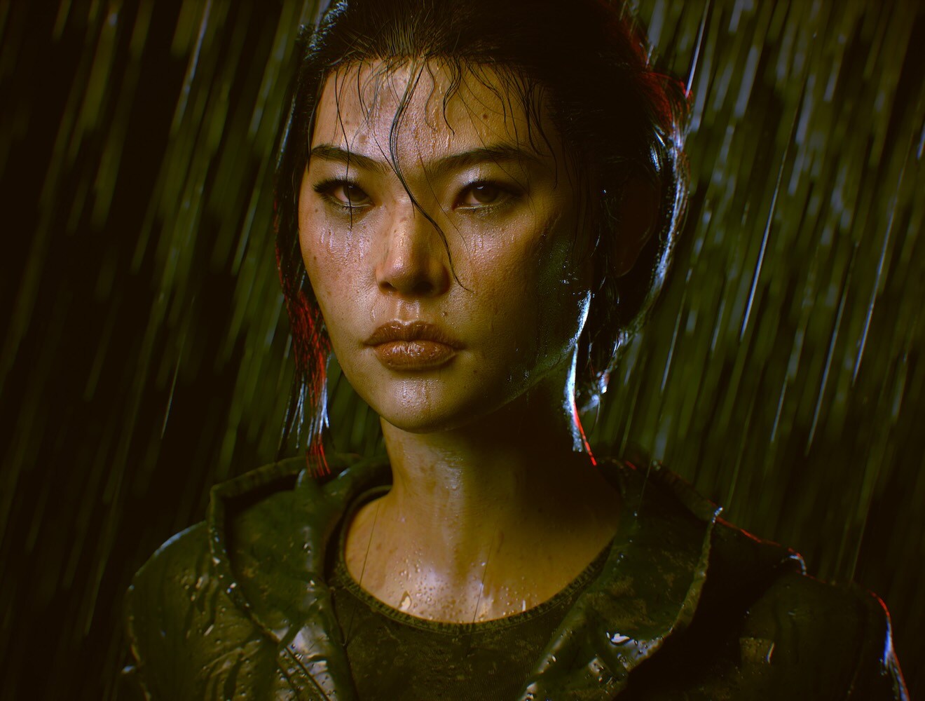 A realistic character model of a young woman in the rain.