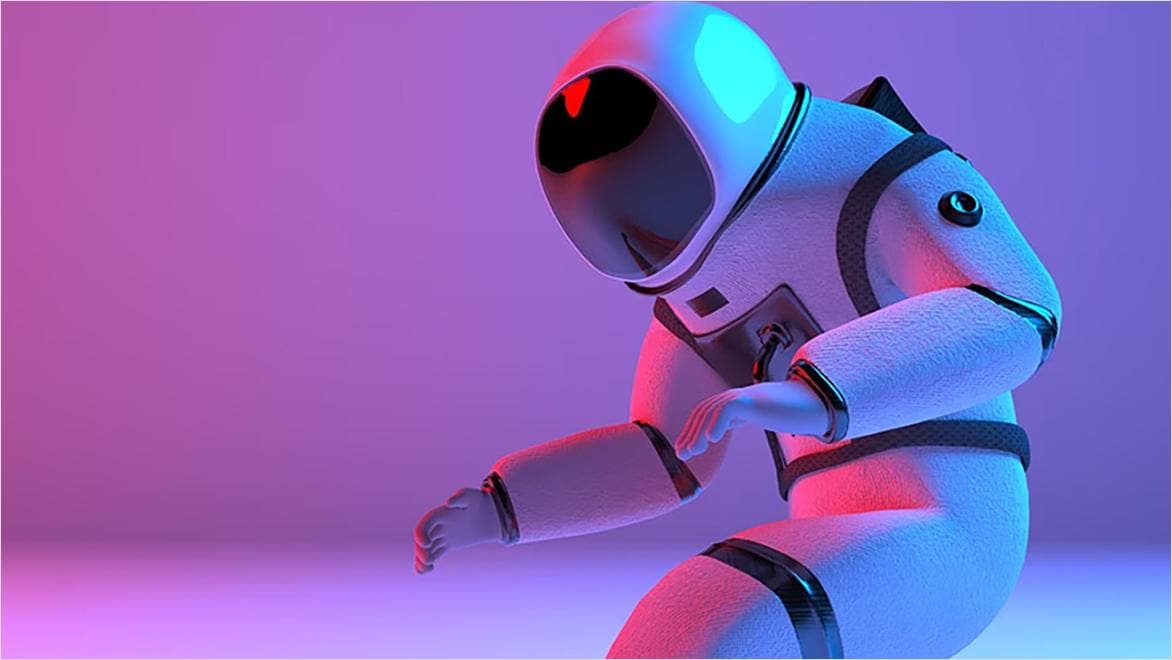 A computer rendering of an astronaut character is shown in vivid light.