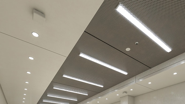 1667116513 LED fixtures fill the ceiling of a commercial space.